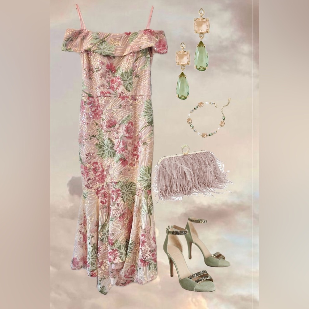 Xscape Pink Floral Off-Shoulder Maxi Dress